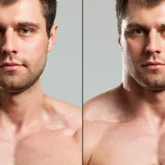 Split image shows a man's face and upper chest. The left side shows a less defined neck, while the right side, after neck training, displays a more muscular and sculpted appearance.