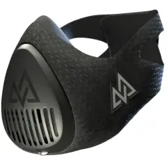 A black high elevation mask with a textured surface and a silver logo. It features a vented front and adjustable straps.