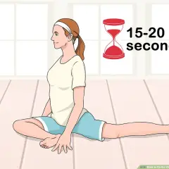 A woman performs a windshield wiper stretch, holding the pose for 15-20 seconds.