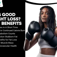 A woman in boxing gloves is shown, highlighting the 7 proven boxing benefits for weight loss, including calorie burn and metabolism boost.
