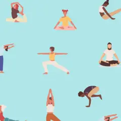 Diverse people practicing various yoga poses, including downward dog and warrior pose, perfect for a pull day stretches routine.
