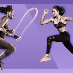 Two women in athletic wear are shown mid-jump, one with a jump rope, ready for a 10 minute jump rope workout.