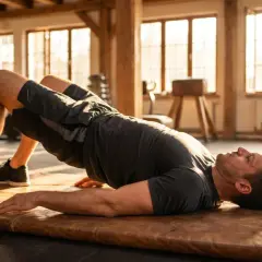 Man performing a glute bridge exercise in a sunlit gym. This exercise strengthens the glutes and hamstrings, showing the "neck bridges before after" transformation for better posture.