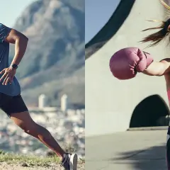 Man running outdoors, woman boxing. Both activities are great for burning calories.