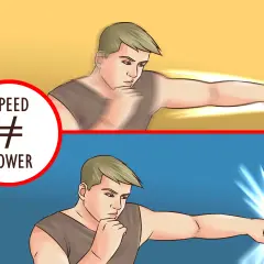 Two panels show a boxer. The top panel, with a yellow background, shows a blurred punch and a circle stating "SPEED ≠ POWER". The bottom panel, with a blue background, shows a sharp, impactful punch. This illustrates that grip strength increase punchin...