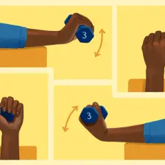 Illustrations show four ways to strengthen wrists using a 3lb dumbbell: wrist curls, reverse wrist curls, and radial and ulnar deviations.