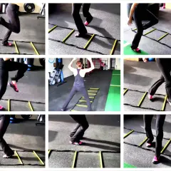 A person performs a speed ladder workout, showcasing agility drills and quick footwork on a yellow agility ladder.