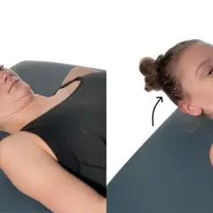 Demonstration of neck training: a woman lies on her back, then tilts her head to the side, showing what neck training does for flexibility.