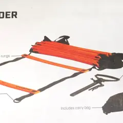 Orange agility ladder with 16 adjustable rungs, perfect for speed and acceleration drills. Includes carry bag and T-hook system.