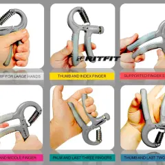 See how hand grippers work with different grips: crush, thumb & index, supported finger, thumb & middle, palm & last three, and thumb & last two fingers.