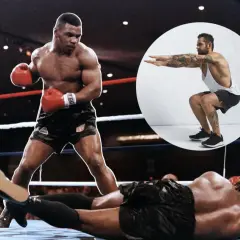 Mike Tyson in the ring, with a superimposed image of a man doing a squat.