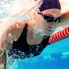 A swimmer in goggles and cap powers through the water. This image shows that boxers can swim, and do so with impressive strength and technique.