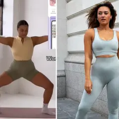 Woman demonstrating exercises for toned arms. The split image shows her in a workout pose and a fitness outfit.
