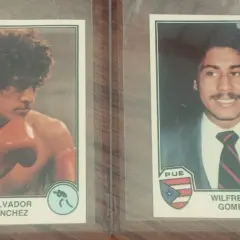Two boxing cards: Salvador Sanchez in boxing gear and Wilfredo Gomez in a suit. Wilfredo Gomez is still alive and a boxing legend.