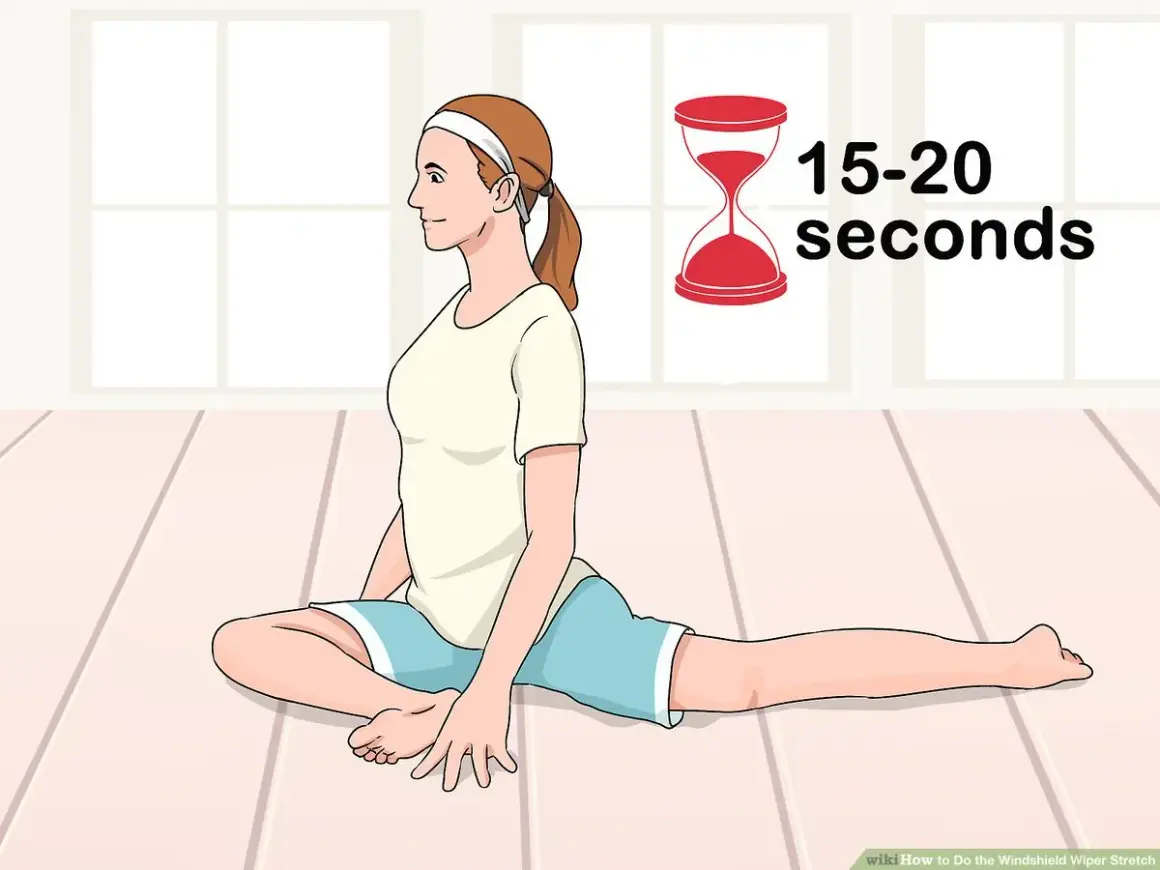 A woman performs a windshield wiper stretch, holding the pose for 15-20 seconds.