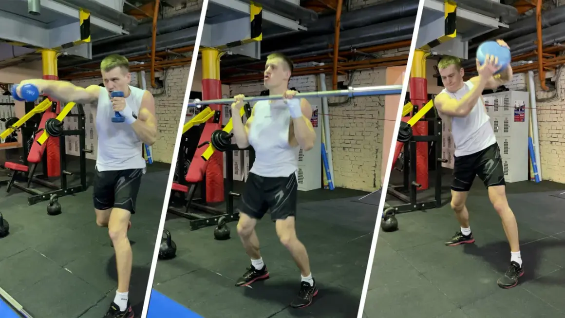 Man training to increase punch strength with dumbbells, barbell, and medicine ball in a gym.