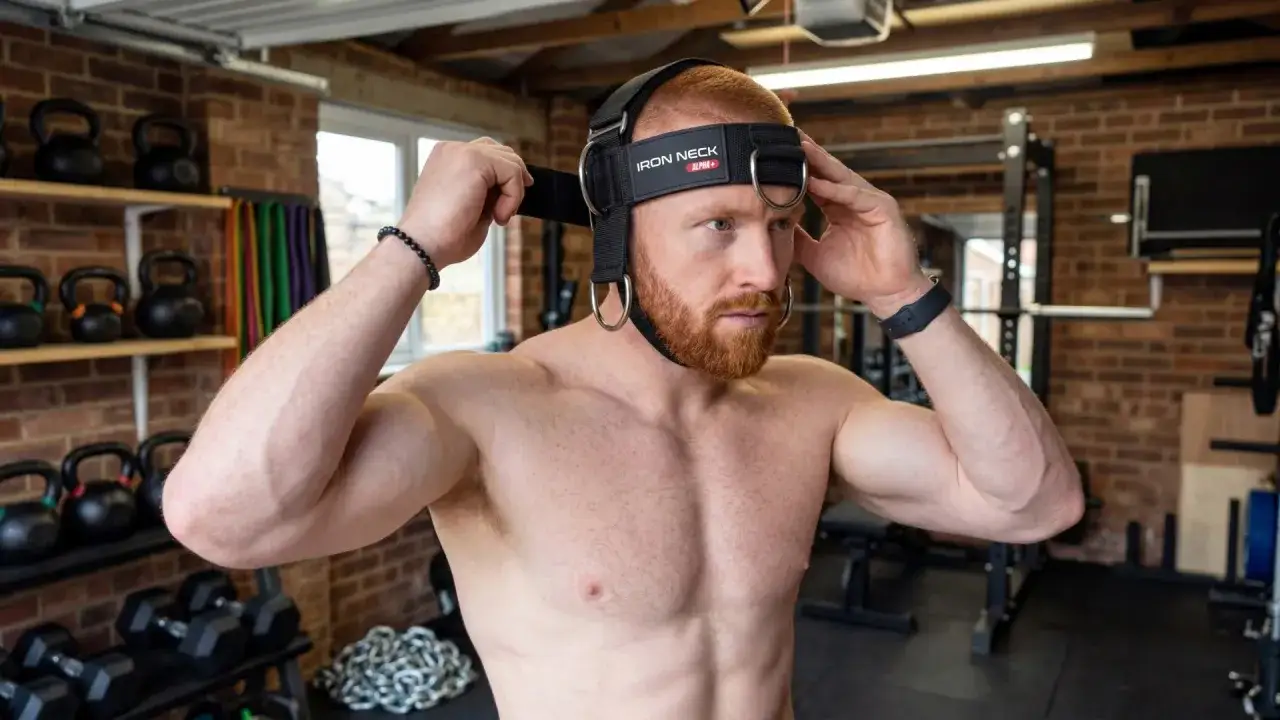 Man with red beard adjusts a neck weight harness, ready to train. Discover the neck weight harness benefits for strength.