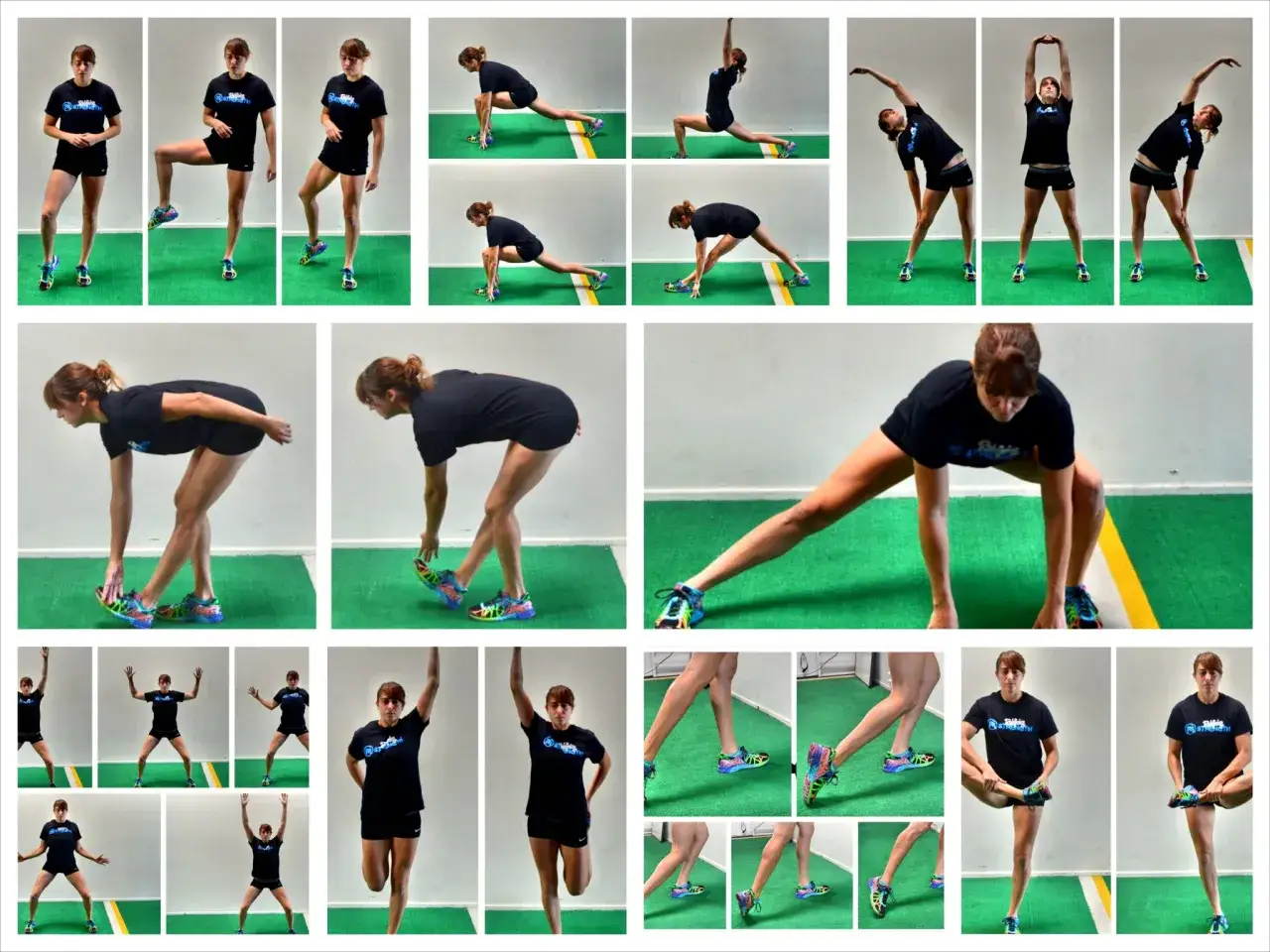 Collage of a woman performing various pull day stretches, including lunges, side bends, and hamstring stretches.