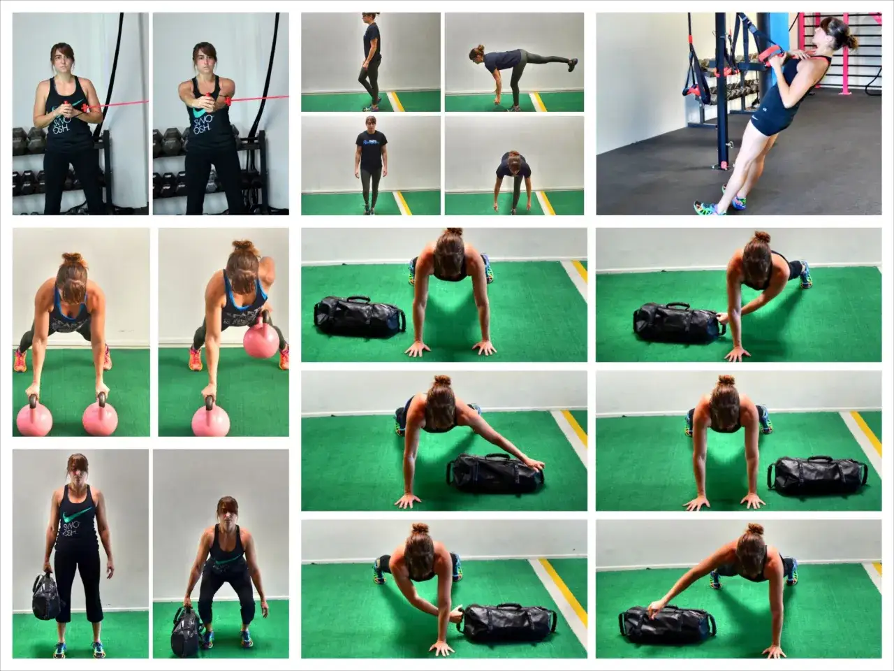 A woman performs various exercises, including resistance band twists, kettlebell rows, and sandbag planks, showcasing a full-body workout routine.