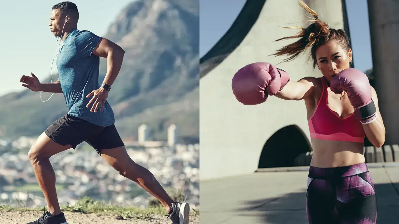 Man running outdoors, woman doing roadwork boxing.