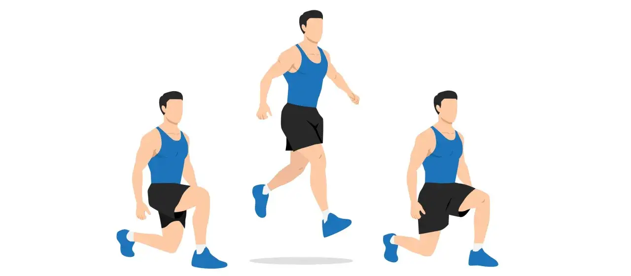 Man performing jumping lunges exercise, showing the start, mid-air, and end positions of the dynamic movement.